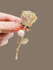 Rose Flower Brooch, Elegant Pearl Accessories for Women's Coat and Suit Decoration, Stylish Fashion Floral Pin