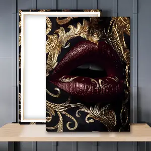 1pc Wooden Framed, Versace Lips Wall Art Canvas Painting, Baroque Art Wall Art, Fashion Wall Art Poster, Luxury Lip Art with Gold Patterns,Wall Pictures, Ideal For Bedroom, Office, Living Room, Wall, Room, Home Decoration