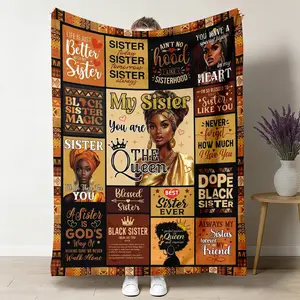 My Sister You Are The Queen Throw Blanket Black Sisterhood Flannel Blanket Soft Cozy Warm Afrocentric Geometric Collage Design Gift for Black Women Her Sister Best Friend Brown Gold African Inspired Bedroom Living Room Decor