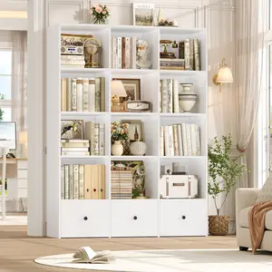 FOTOSOK 68.8” Tall Bookshelf with Drawers, 5 Tier White Bookshelf with Storage, 47.2” Triple Bookcase with 12 Open Display Shelves, Wooden Bookshelves and Bookcases for Home Office