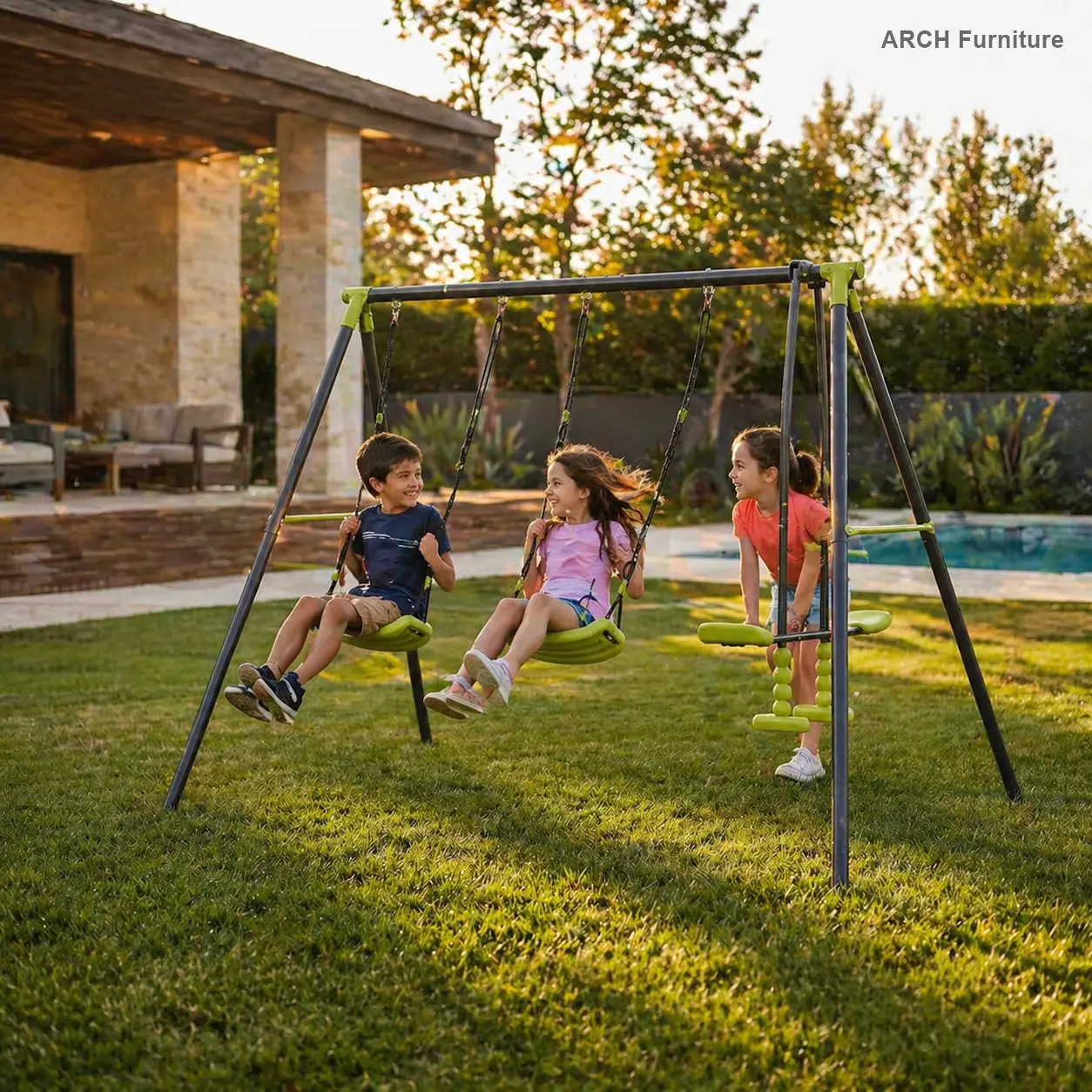 ARCH XNS008 Steel Face-to-Face Triple-Seat Metal Playground Swing Set, 440lbs Weight Capacity, Black & Green Outdoor Play Equipment for 3+ Age Kids, Patio Furniture