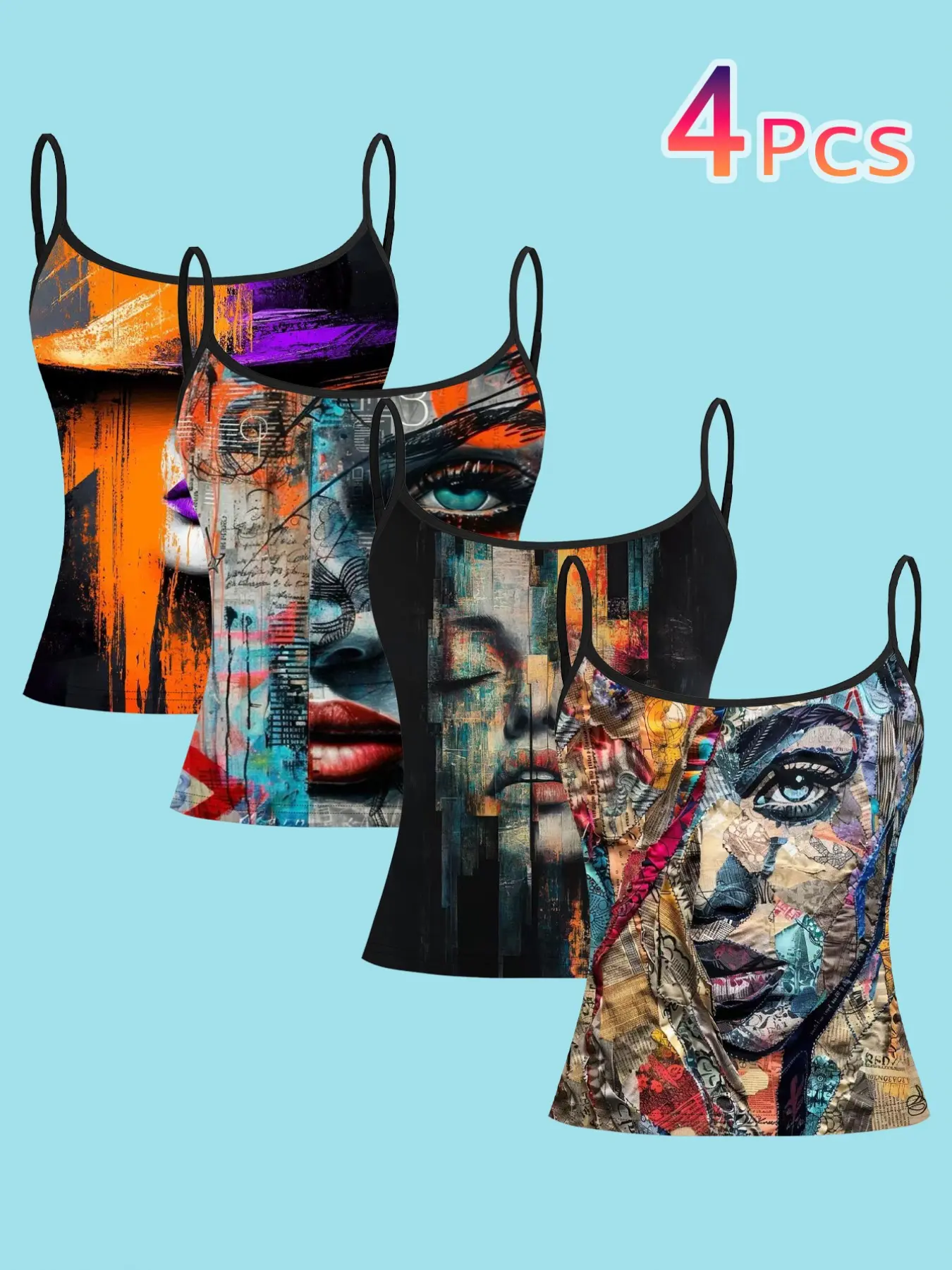 Women's Artistic Graffiti Portrait Printed Strapless Spaghetti Strap Top Set, Casual Slim Fit All Season Streetwear, Trendy Fashion Womenswear Women's Clothing