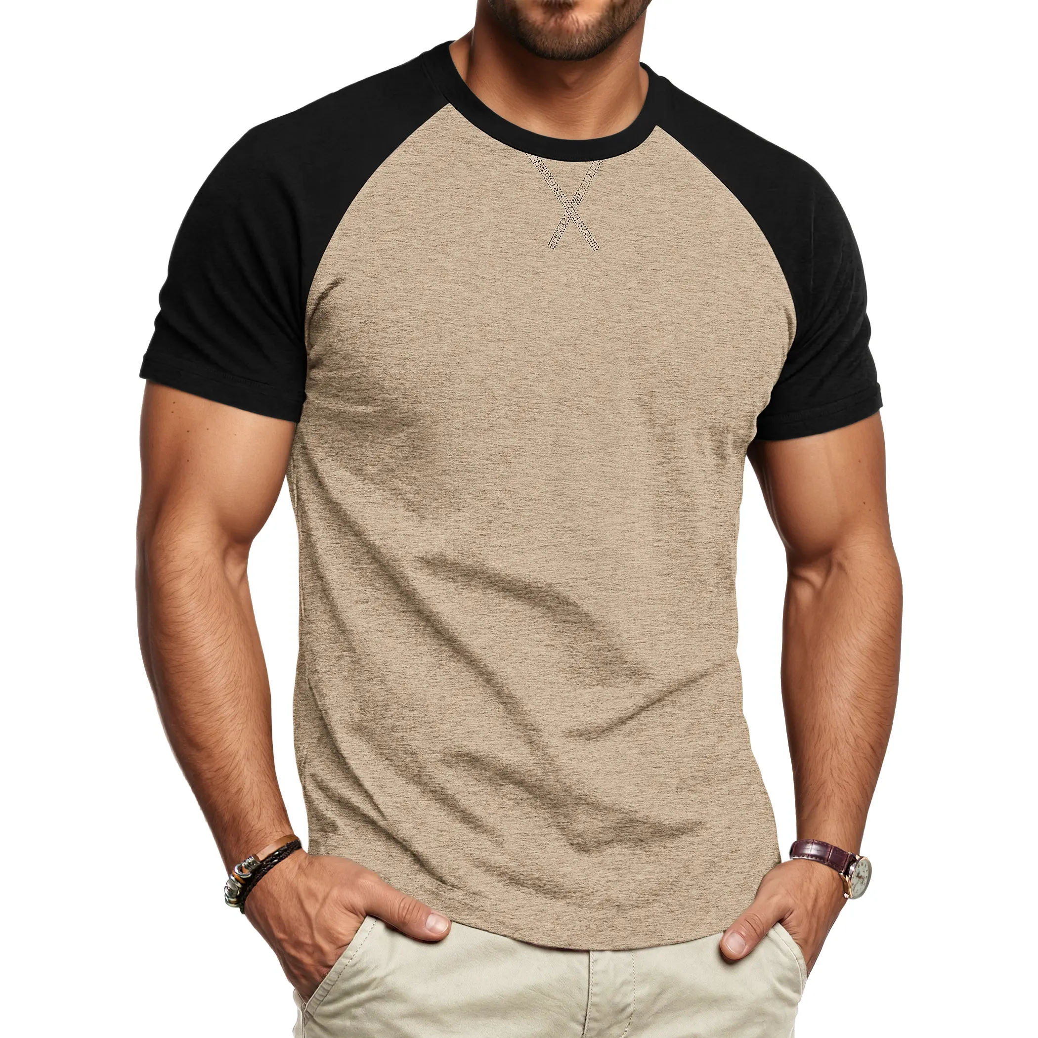 AUSELILY Men Cotton Crew Neck Short-Sleeve Color-Block T-Shirt