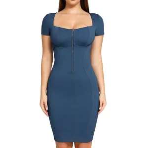 Popilush Denim Square Neck Shapewear Midi Dress Casual Elegant