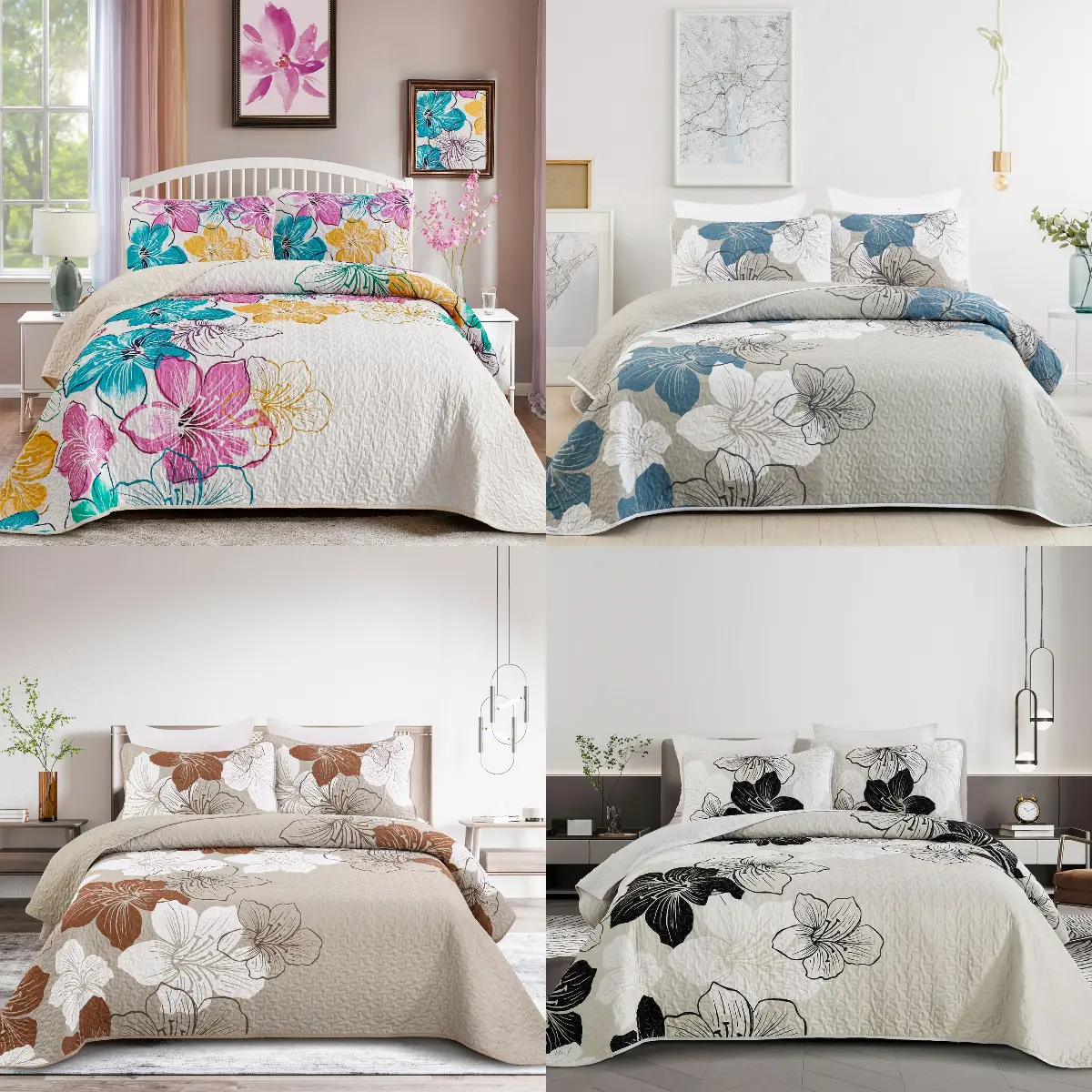 Romantic Pink Teal Quilt Set Queen Size, 3 Pieces Colourful Floral Bedspread Set Bohemia Reversible Bedding Set Microfiber Lightweight Bedspread Coverlet Set for All Season Beddingsets