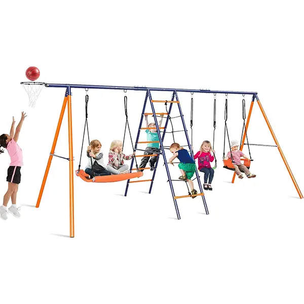 SummerWins 6-in-1 Heavy-Duty Metal Kids Outdoor Play Set (700 lbs Capacity) - Larger Adjustable Stand, 3 Swings, Climbing Ladder, Climbing Net, Basketball Hoop - Outdoor Playground Gym Equipment, Outdoor Play Sets