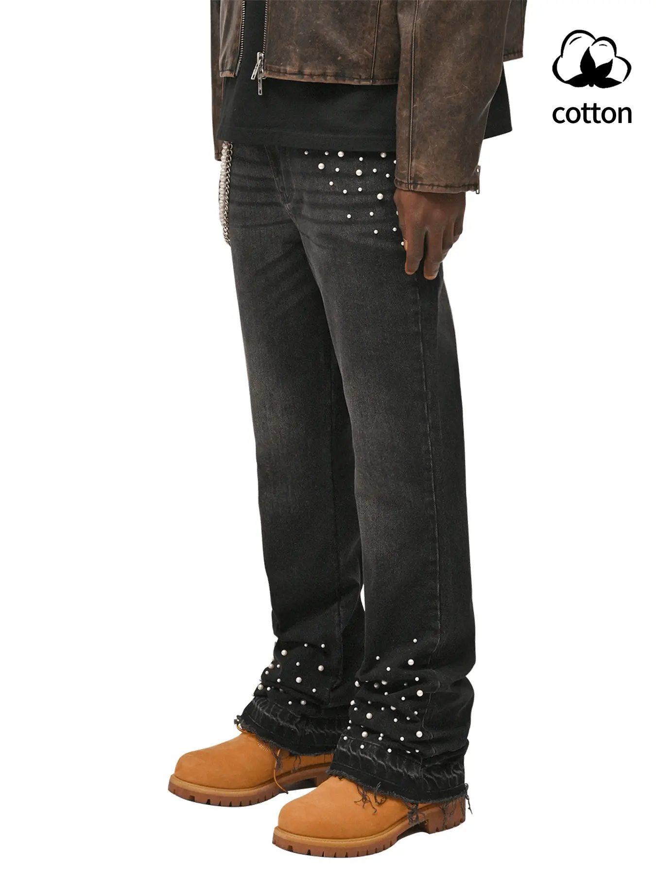 Men's Gradient Beaded Denim Jeans, Heavy Craft Sequined Flare Style, Bootcut Flare Leg, Casual Elastic Bell Bottoms, Comfortable Fashion Design, All Seasons, Streetwear Pants