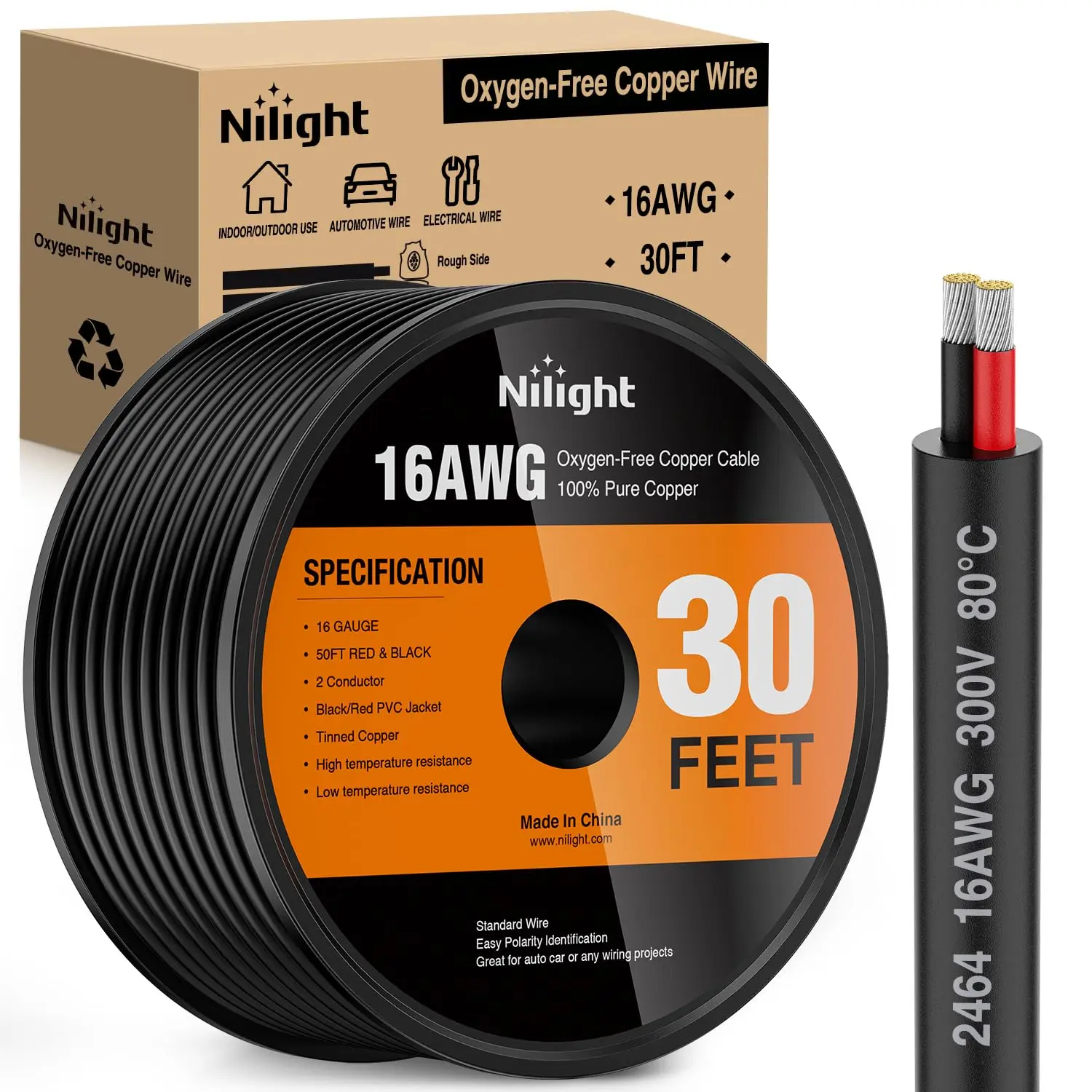 Nilight 30FT 16AWG Oxygen-Free Copper Electrical Wire - Red & Black Stranded PVC Cord, 2-Conductor Parallel 300V DC Flexible Automotive Cable with High Temperature Resistance, Temperature Protection, Anti-Oxidation for LED Light Strips, Outdoor Use, Direc