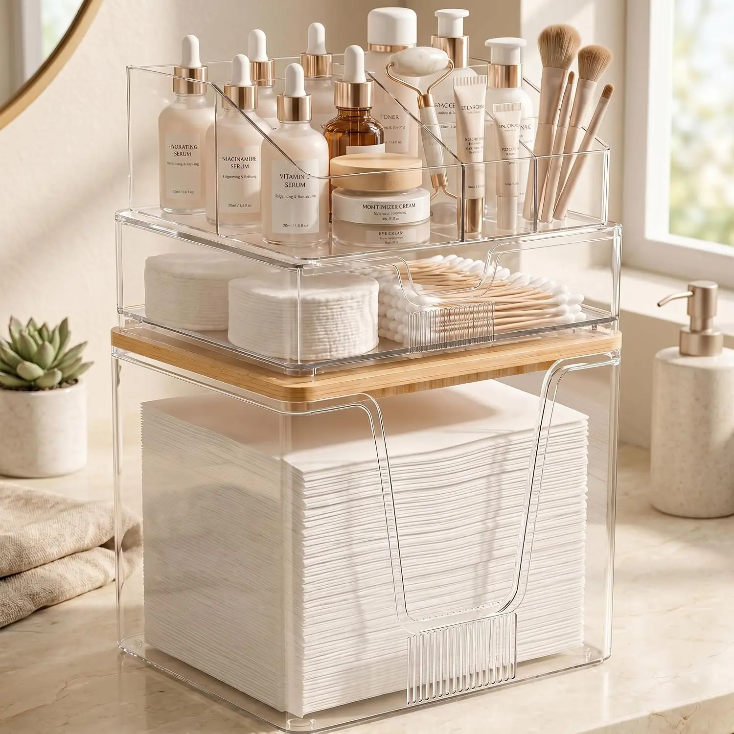 3-in-1 Disposable Facial Towel Holder & Makeup Organizer, Cotton Ball/Swabs Dispenser, Clear Storage with Bamboo Lid Compatible with Clean Skin Club Towel XL, Vanity Holder for Bathroom Coutertop