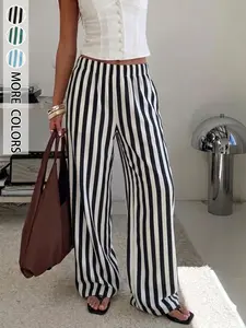 Women's Classic Striped Straight Leg Pants with Pockets, High Waist Elastic Waist, Loose Fit, Casual, Four Seasons, Office, Vacation, Daily Wear, Womenswear