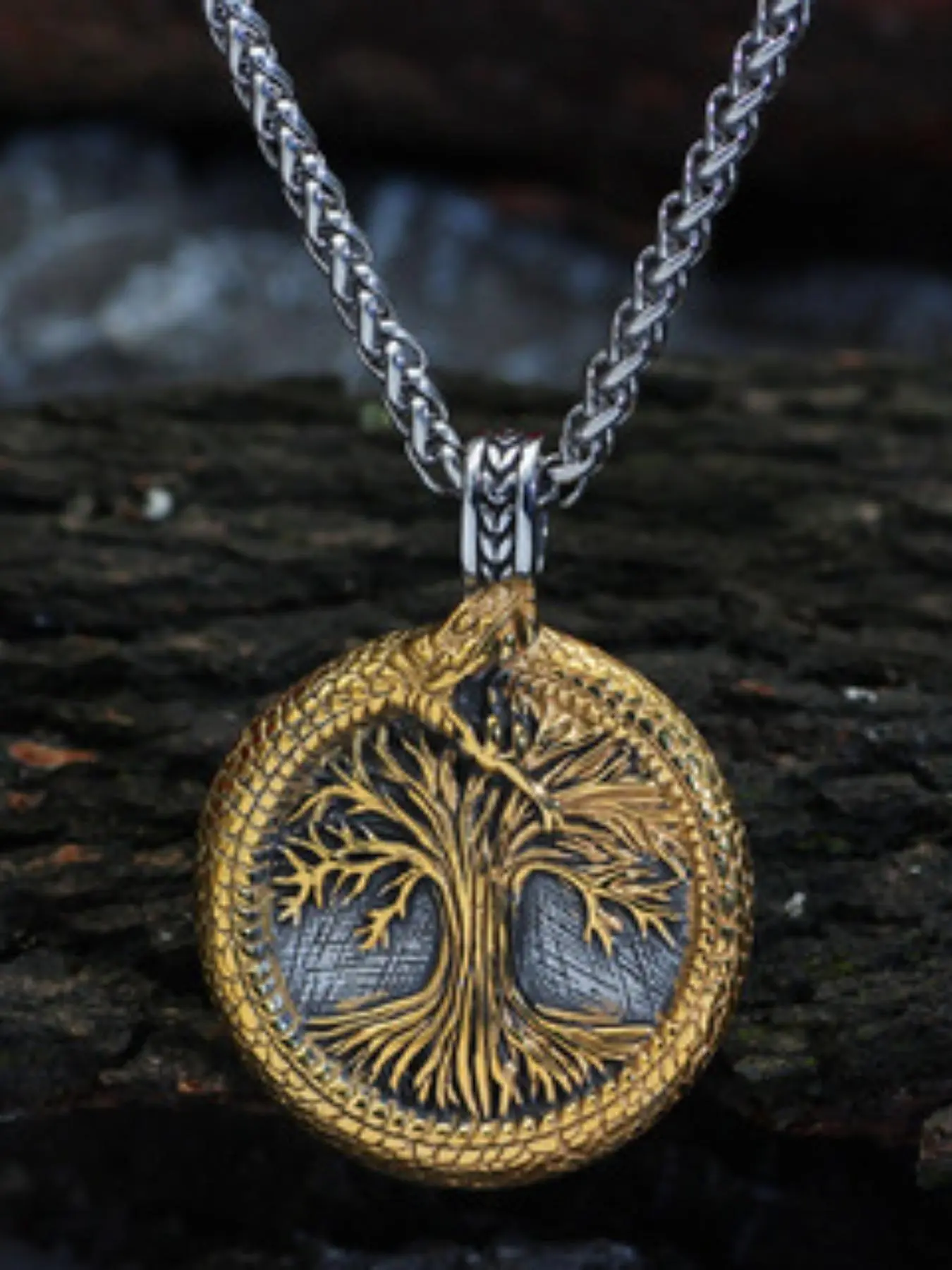 Vintage Viking Nordic Tree of Life World Serpent Classic Statement Alloy Chain Necklaces, Cuban Link Chain, Odin Jewelry Amulet for Unisex, Perfect Valentine's and Birthday Gift