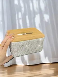 Luxurious Rhinestone Bamboo Lid Paper Towel Holder, Transparent Rectangular Storage Box, Bathroom and Dining Room Art Decor