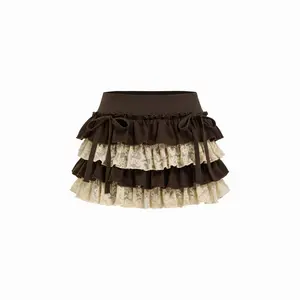 Cider Low Rise Lace Layered Bowknot Lettuce Trim Mini Skort