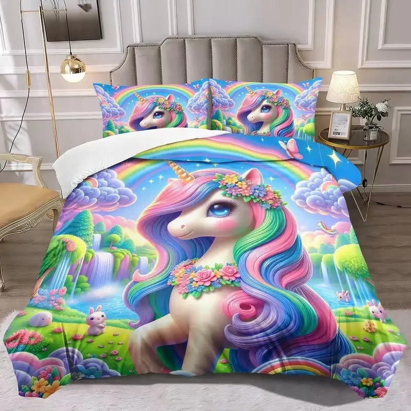 Unicorn Bedding Set, Rainbow Horse Quilt Set, Animal Pattern Quilt Set, Bedroom Decor Room, 3-Piece Set with 2D Cartoon Flat Print, Cartoon Printed Bedding, Including 1 Quilt Set and 2 Pillowcases (unfilled)