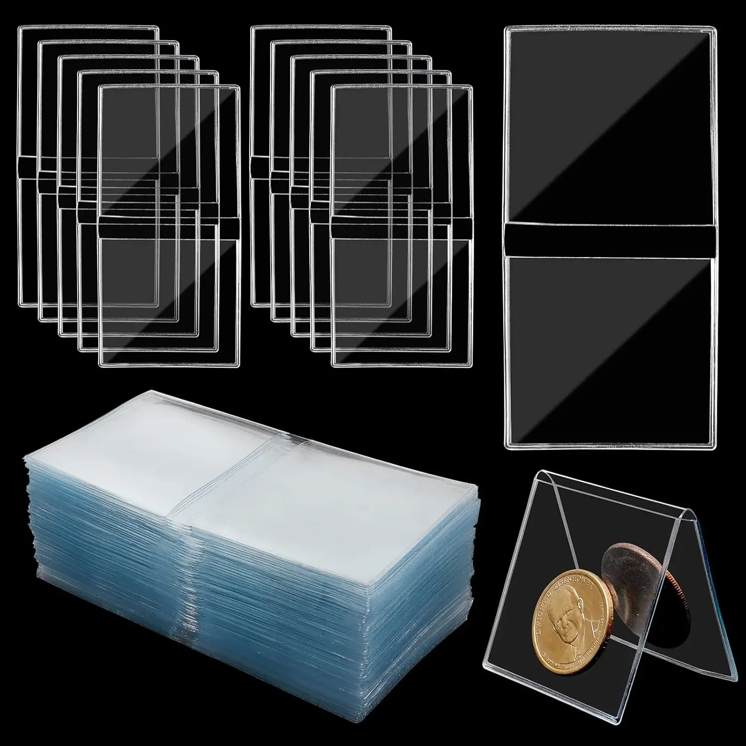 50-Piece Plastic Double Pocket Protectors - 2-In High Transparency (10.5x5.4cm) Coin Organizer, Protecting Coins Accessory for Trading Card Sleeves & Toploaders, Good Choice for Collectors
