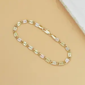 1pc 14K Gold Tri-Color Mariner Link Bracelet for Women – Polished Floral Engraved Three Tone Gold Chain Bracelet, Dainty Jewelry Gift for Her