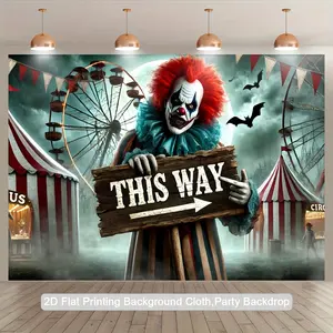 1PC 2D Flat Scary Clown Points The Way Banner - Polyester Backdrop with Circus Carnival & Haunted House, "This Way" Sign, No Electricity Needed, Indoor/Outdoor Decor for Halloween/Birthdays & Photo Studio Props, Creepy, Yard Sign Banner