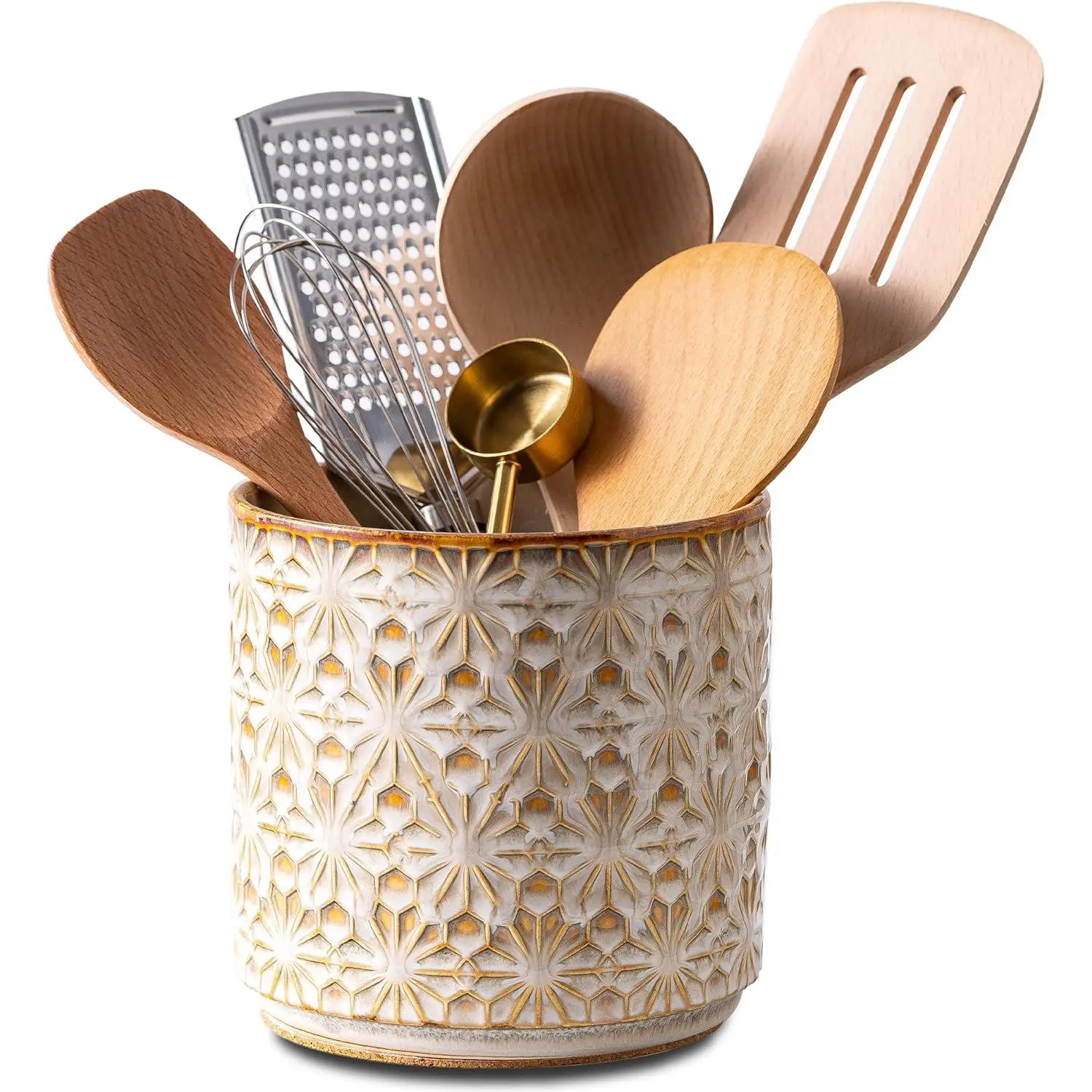 Utensil Holder Rustic Farmhouse Ceramic Utensil Crock for Countertop - 5.3" Handcrafted Kitchen Cooking Utensil Crocks with Cork Base,  Finish for Kitchen Tools Storage
