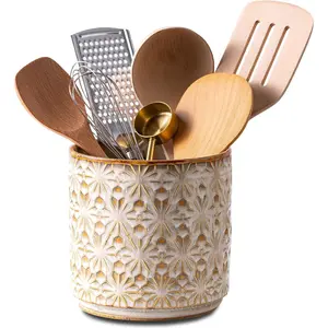 Utensil Holder Rustic Farmhouse Ceramic Utensil Crock for Countertop - 5.3" Handcrafted Kitchen Cooking Utensil Crocks with Cork Base,  Finish for Kitchen Tools Storage