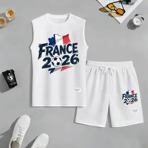 TikTok Trending Men’s Summer Set – Sleeveless Top & Shorts, France Football Graphic Print, Regular Fit Summer Athletic & Street Style Outfit for Gym and Sports