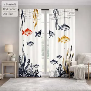 2Pcs Nautical Ocean Fish Seaweed Pattern Sun Blocking Curtains Digital Printed Rod Pocket, Window Treatment For Bedroom Office Kitchen Living Room Study Home Decor