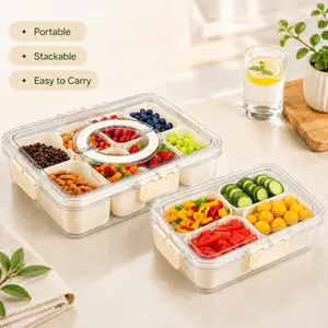MIUVA Plastic Divided Serving Tray with Lid and Handle, Portable Snack Box & Storage Charcuterie Container, Snack Platters Organizer for Candy, Fruits, Snacks, Nuts, Appetizers, Party and Entertaining