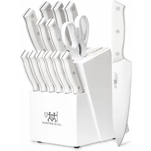 Knife Set, 15 PC Kitchen Knife Set with Block and Built-in Sharpener, 6 Steak Knives, Razor Sharp, Ergonomic Handl (White)