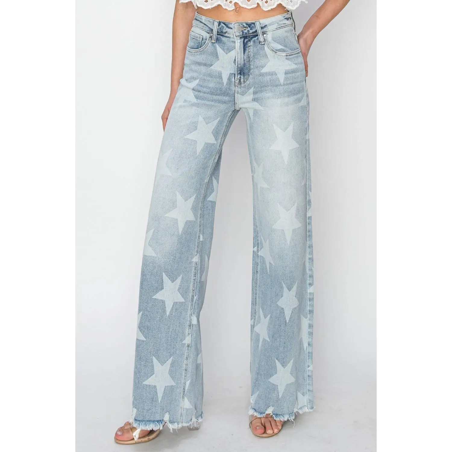RISEN Full Size Raw Hem Star Wide Leg Jeans