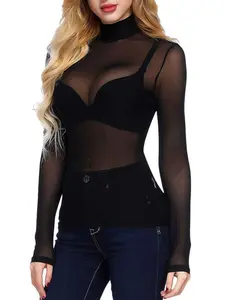 Women's Mesh Tops Long Sleeve Sheer Tops, Sexy Shirt Mock Neck Clubwear, See Through Tee Shirt Blouse for Stylish Chic