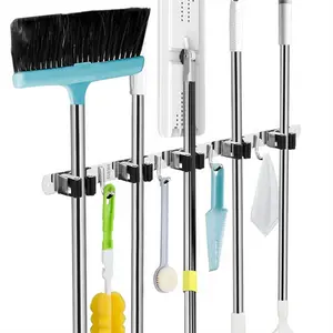 Stainless Steel Wall Mount Bracket 5 Racks And 4 Hooks Broom Organizer Tool Rack For Home Kitchen Garage