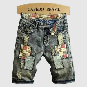 Men's High Cotton Y2K Patchwork Distressed Denim Shorts, Retro Vintage Washed Jean Shorts with Frayed Rips & Plaid Patches, Grunge Streetwear Casual Jorts for Men