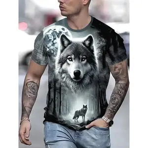 Men's 3D Printed Wolf Forest Graphic T-Shirt - Loose Fit Breathable Summer Tee with Mystical Night Scene Design, Round Neck Short Sleeve Casual Top for Outdoor Activities & Gifts, Wolf T Shirt, Summer Clothing, Artistic Print Shirt, Durable Print Quality