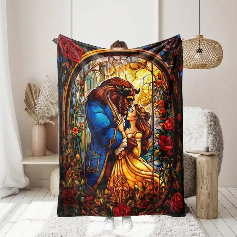1PC Beauty and Beast Cartoon Printing, skin -friendly, warm, soft, four seasons, family office travel thickened flavor blankets birthday gift