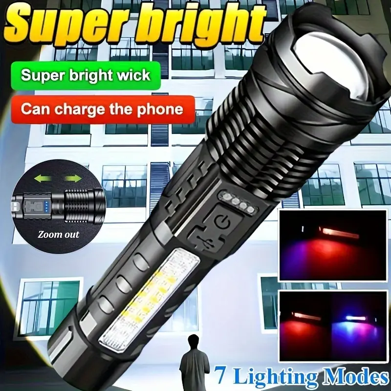 Flashlight High Lumen Rechargeable LED Tactical Flashlight Battery Powered with 7 Light Modes, Cob Sidelight, USB C, Adjustable Focus, Powerful Handheld Flashlight, Perfect for Emergencies, Hiking, Camping and Outdoor Adventures