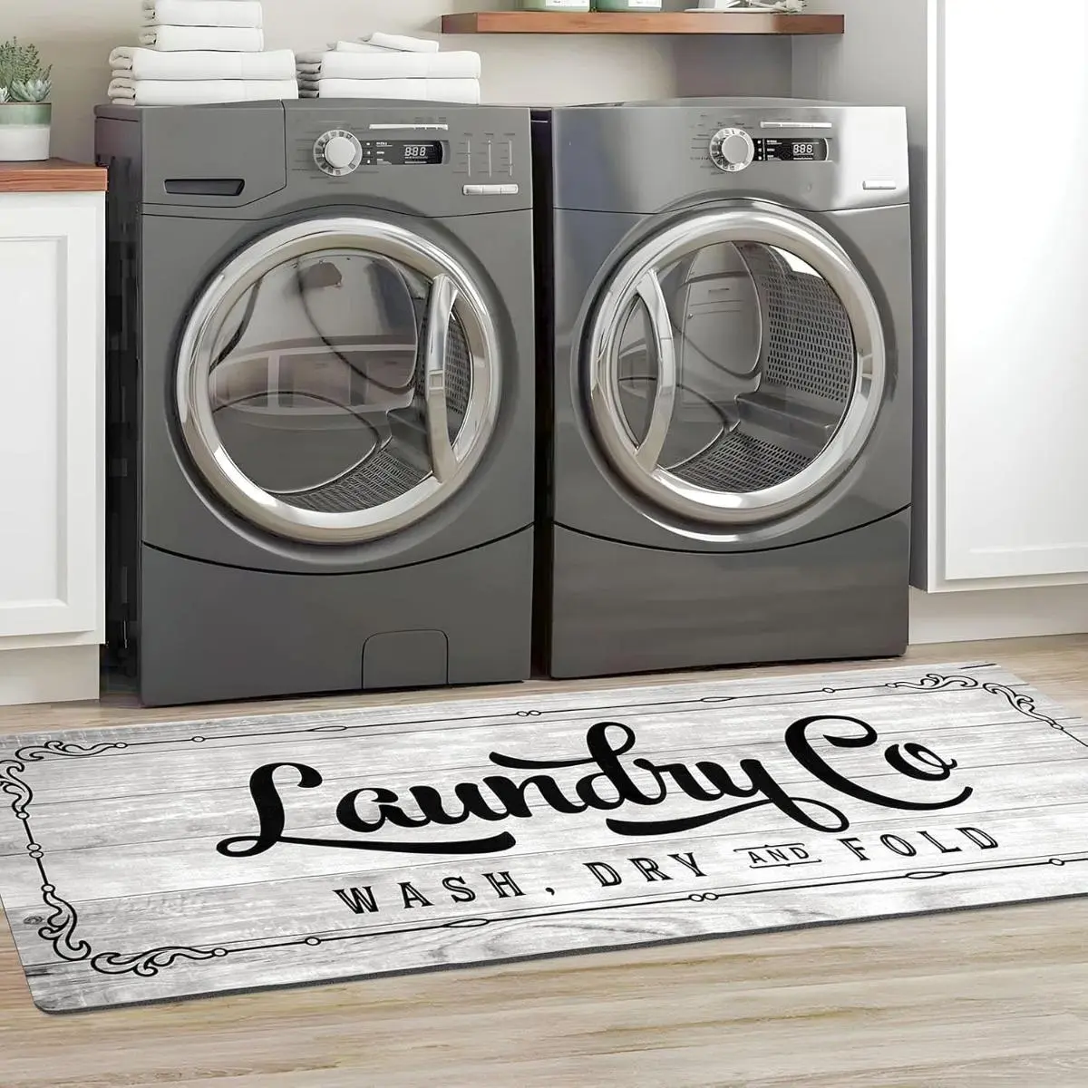 Laundry Room Rug Runner, Polyester Flocking & Rubber, Non Slip, Waterproof, Machine Washable Light Grey Stainless Steel Cover Rotating Cover Floor Rug