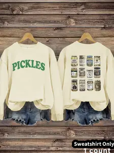 Women's Casual Fitted Pickles Graphic Letter Print Olive Pullover Sweater, Soft Long Sleeve Round Neck Funny Sweatshirt, All Seasons Wear
