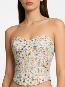 Women's Embroidered Knit Slimming Bodysuit, Sweet Goddess Ditsy Floral Halter Top, Tight-Fitting Waist Cinching, Sexy Micro-Transparent Fabric, Lingerie