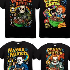 Cereal Halloween Characters Custom Black Short Sleeve T-Shirt Menswear Tops Tshirt Streetwear Round Neck Crewneck Tropical