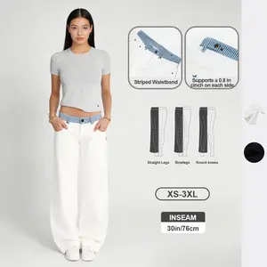 Pwest NYC Jodie Adjustable Low-Rise Loose-Barrel Leg Jeans — Y2K Minimalist Style, Adjustable Snap Buttons, Color-Blocked Waistband, Loose-Leg Cut, Soft Daily Wear