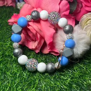 Peri Storm wristlet keychain color scheme grey, white, periwinkle and bling beads made with  wire