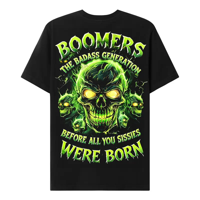 Menswear Custom Year Skull T-Shirt - Chaosmoda Boomers "The Badass Generation Before All You Sissie Were Born" Design, Crewneck, Breathable, Casual, Edgy Street Style Cotton Tops