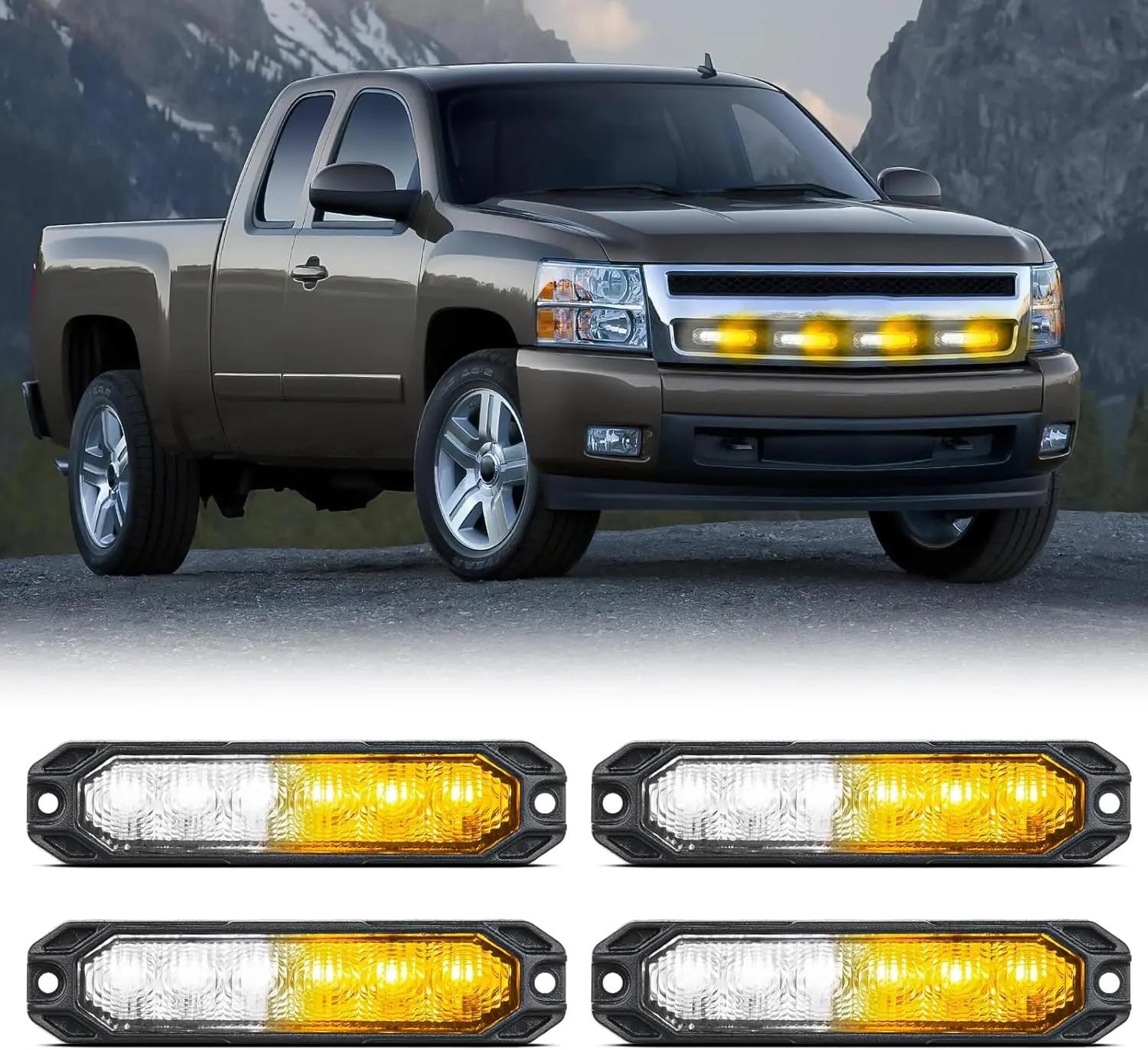 Nilight 4PCS 6LED Amber White Strobe Light Module, 12V-24V Ultra Thin Surface Mount Car LED Lights, Steady On & Sync Function, for Grille, Campers, Pickups, Father's Day Gift, Led Lights Car
