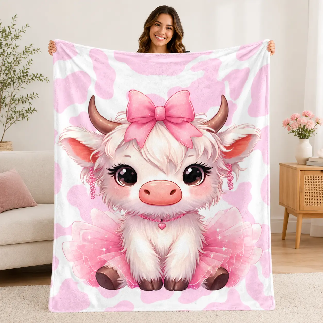 Pink Highland Cow Coquette Bow Flannel Blanket, Cute Farm Animal Throw For Cottagecore Bedrooms, Soft Bed Couch Cover For Home Office Naps, Girly Lounge Accent Cozy Blanket For Cow Lovers Farmhouse Aesthetic Decor