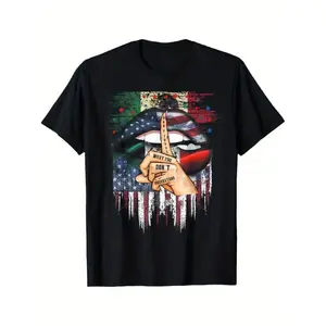 Men's Cotton Casual Short-Sleeve Streetwear Top, Menswear Patriotic Mexican-American Flag Graphic T-Shirt