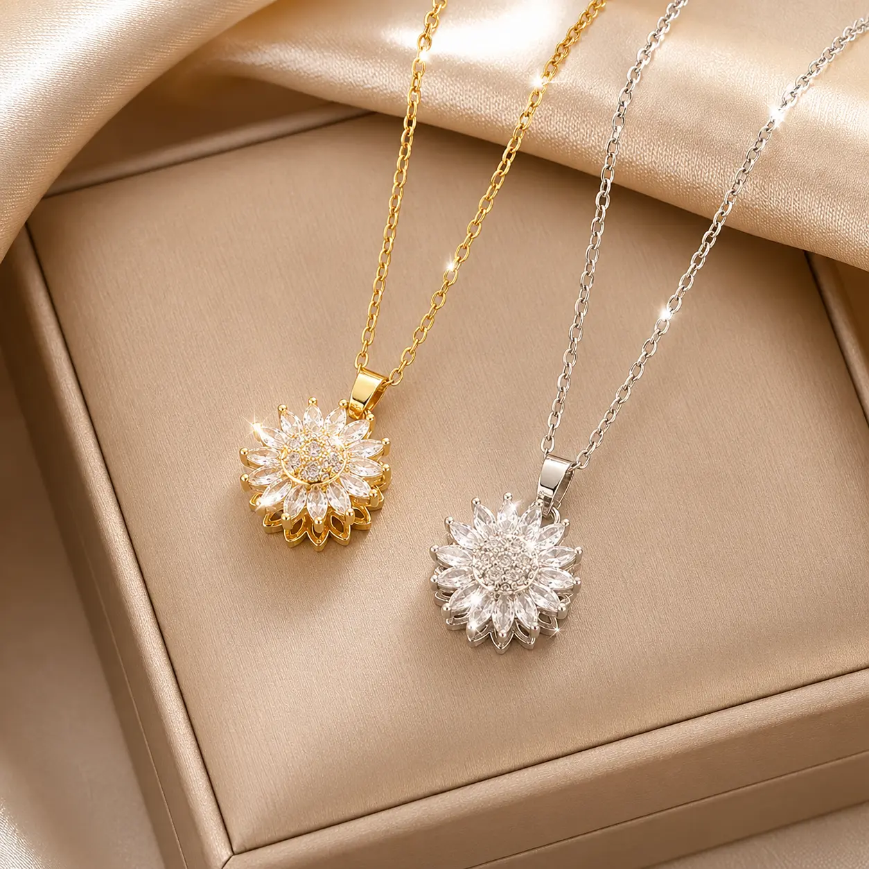 Elegant Sunflower Pendant Necklace in Gold and Silver Colors with Sparkling Crystals for Women's Fashion Jewelry