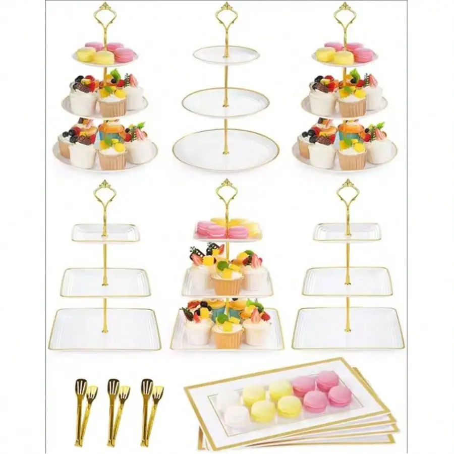 Lightweight 13pcs Dessert Display Set Pack, 6 Round/Square 3-Tiered Cupcake Stands, 4 Trays & 3 Tongs, White Gold Plastic for Wedding, Tea Party Decor (Home & Festive Party Cake Supplies)