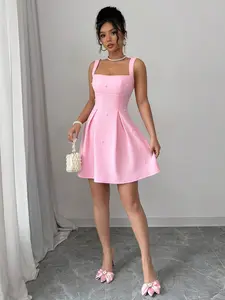 ARTYOTI Women's Solid Color Patchwork Wide Strap Beaded Casual Dress