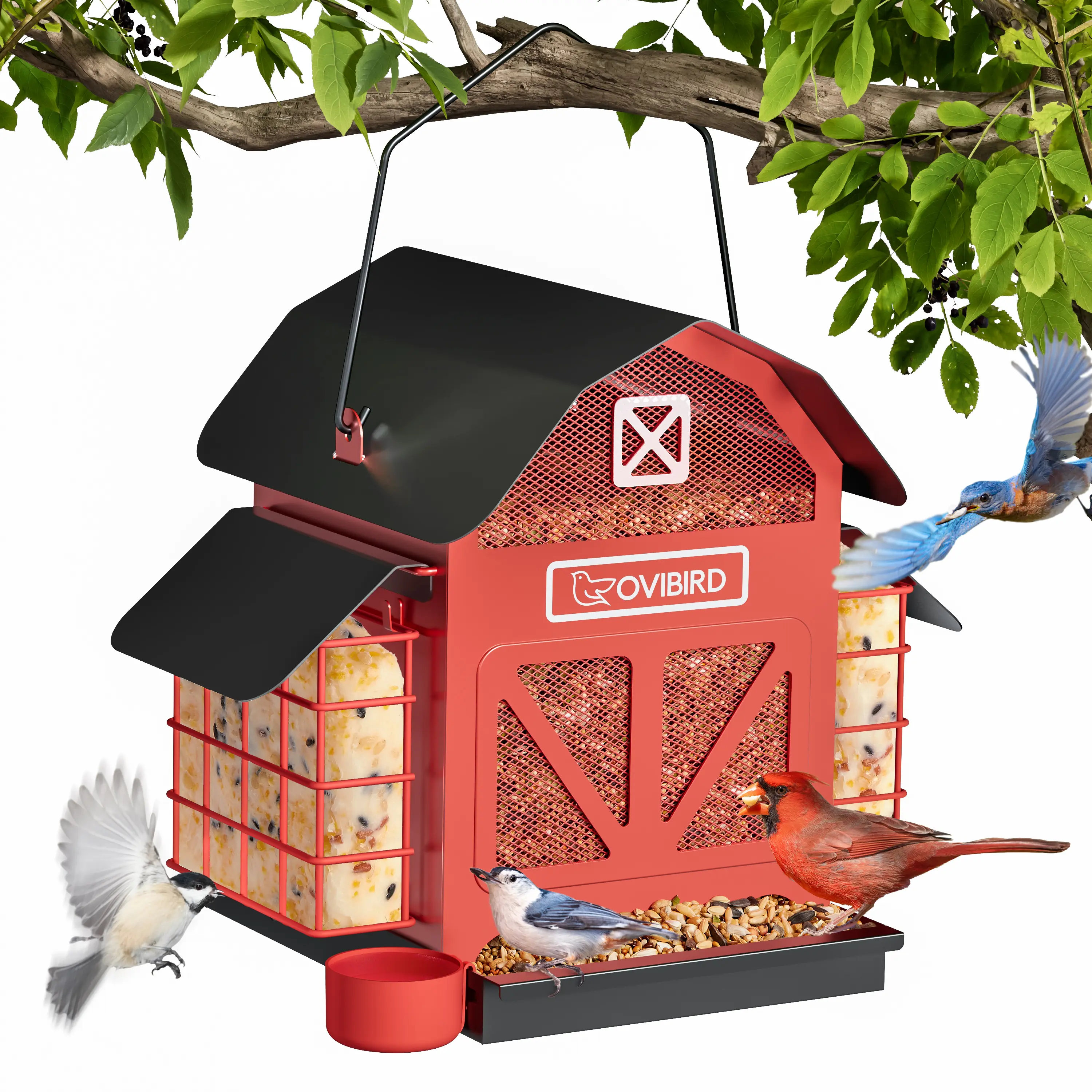 bucatstate Outdoor Hanging Bird Feeding Station - 5LBS Red Metal Barn Shape, 2 Suet Cages, Weather-Resistant Rainproof, Easy Refill, Year-Round Cardinal Feeder, Squirrel-Proof Feeders, Ideal Bird Watching Gift, Squirrel-Proof Bird Feeders