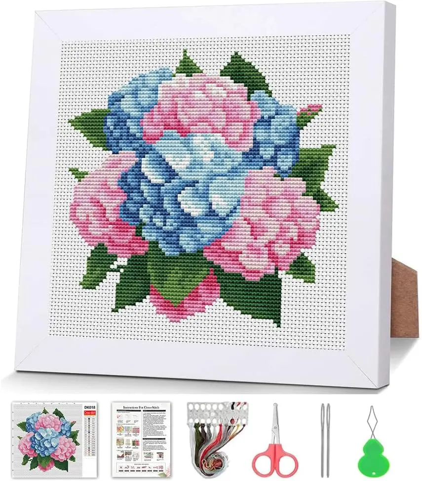 Hydrangea Cross Stitch Kits for Beginners,Flowers Stamped Cross Stitch for Adults with Framed,Crafts for Girls 8-12 Embroidery Kit Partial 11CT Cross-Stitch Arts and Crafts for Adults 7.9x7.9inch