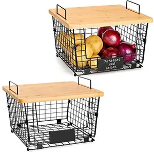 2 Set Stackable Wire Baskets with Bamboo Top for Kitchen and Pantry Organization
